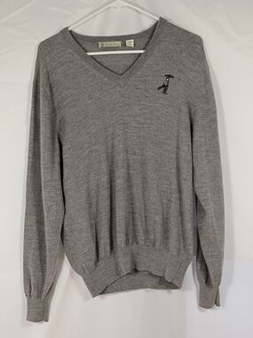 EUC Donald Ross Mens Medium Gray Golf V Neck Marino Wool Pullover Sweater Logo